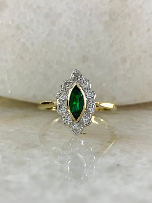 Emerald and Diamond Halo Marquise Ring