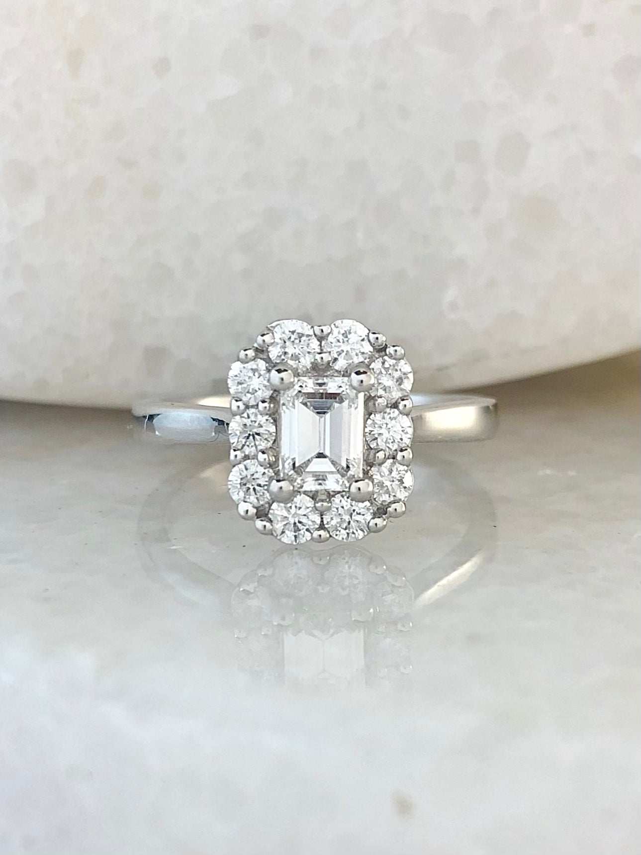 Diamond Emerald Cut Halo Ring 0.93ct