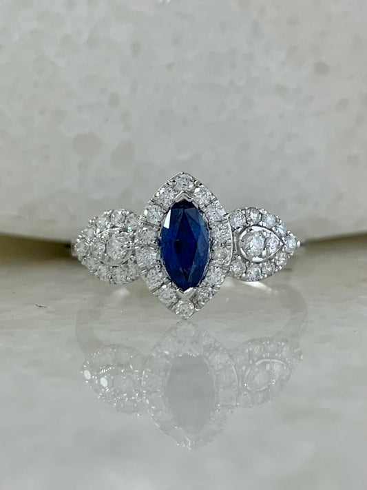 Sapphire and Diamond Three Stone Halo Ring 0.82ct