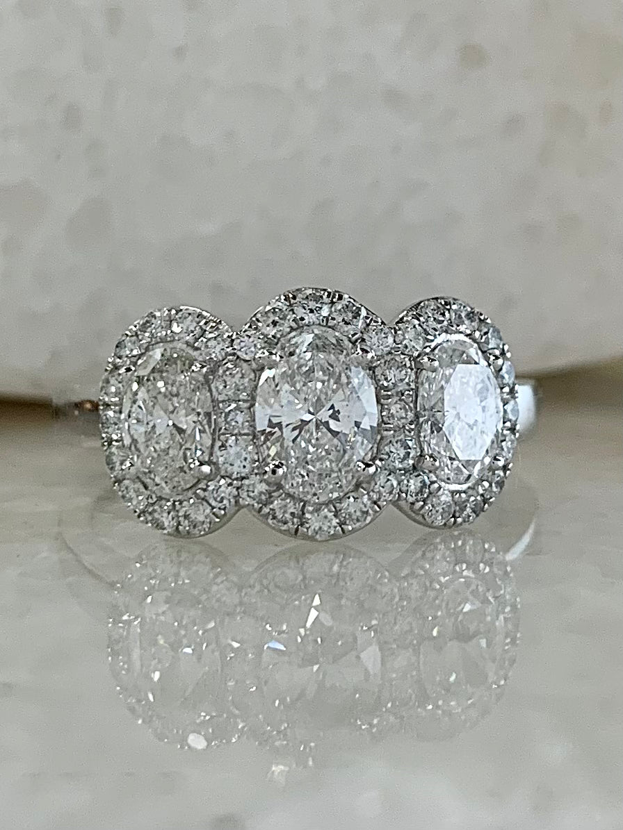 Diamond Oval Cut Three Stone Halo Ring 1.4ct Down Jewellers