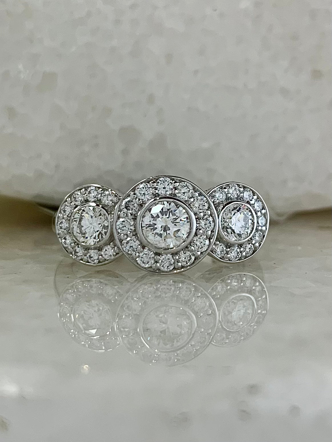 Diamond Round Cut Three Stone Halo Ring 1ct