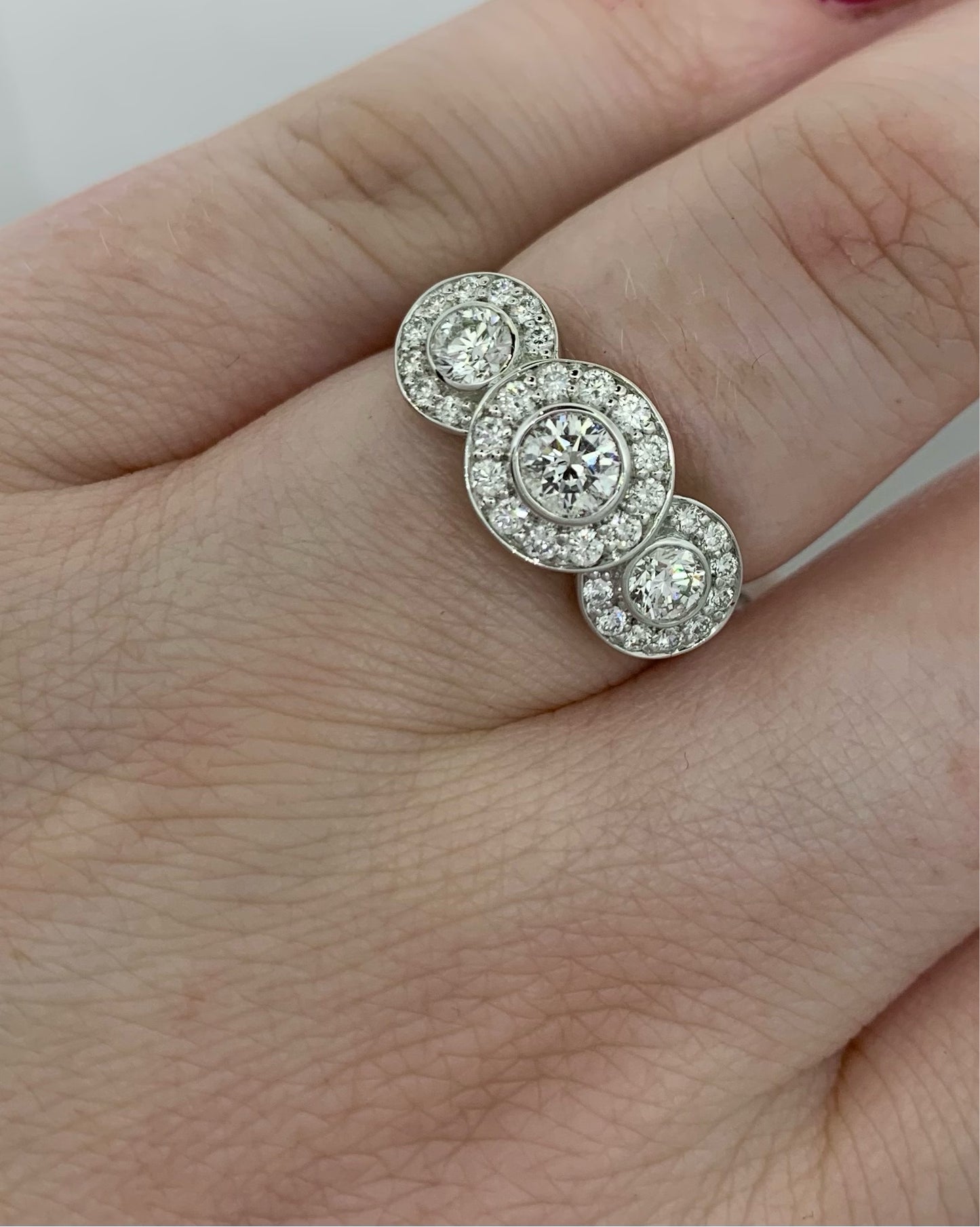 Diamond Round Cut Three Stone Halo Ring 1ct