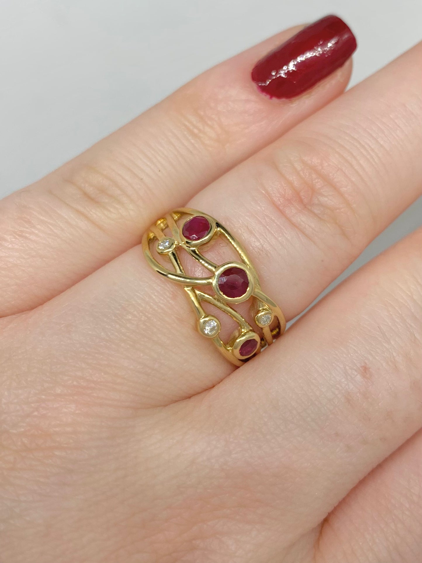 Ruby and Diamond Zigzag Crossover Ring