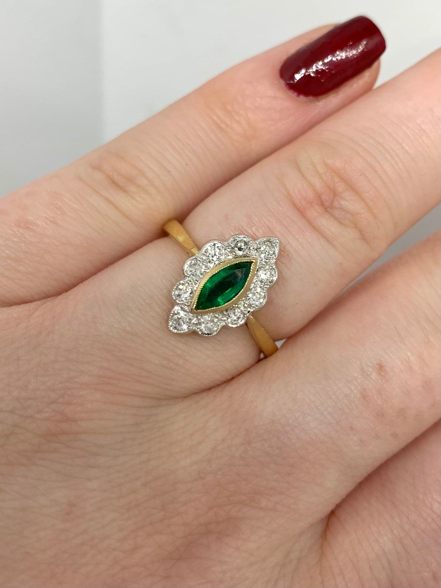 Emerald and Diamond Halo Marquise Ring