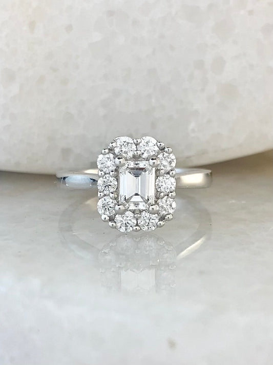 Diamond Emerald Cut Halo Ring 0.93ct