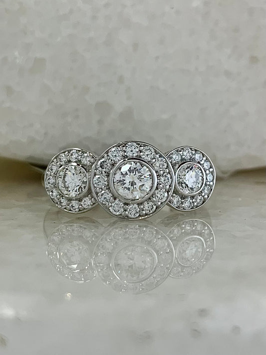 Diamond Round Cut Three Stone Halo Ring 1ct