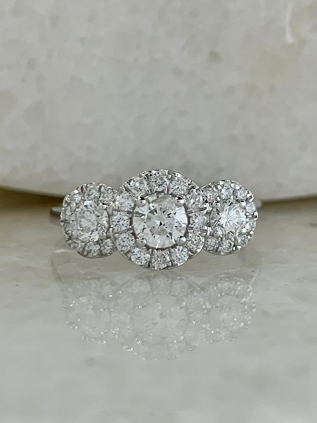 Diamond Round Cut Three Stone Halo Ring 0.87ct