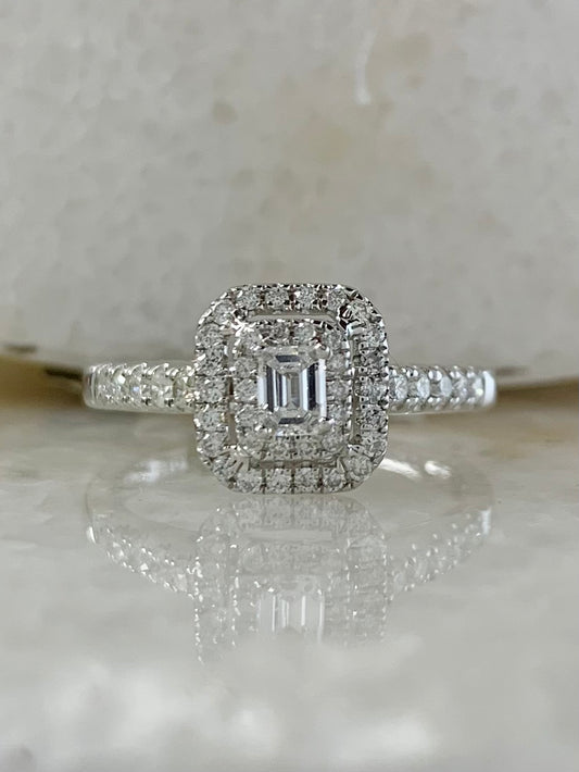 Diamond Emerald Cut Double Halo Ring 0.50ct